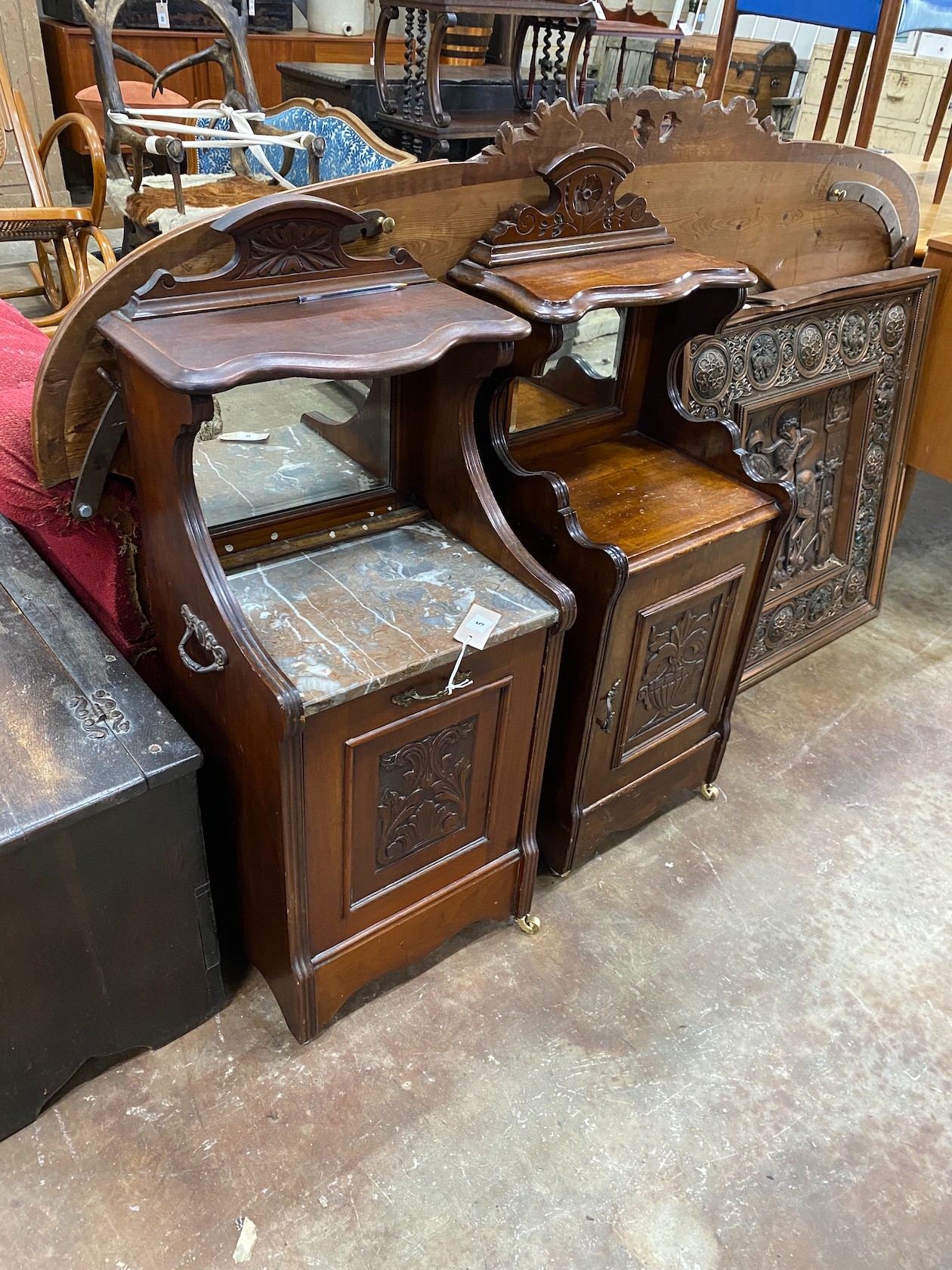 A Victorian mahogany coal purdonium and similar bedside cabinet, larger width 42cm, depth 35cm, height 97cm